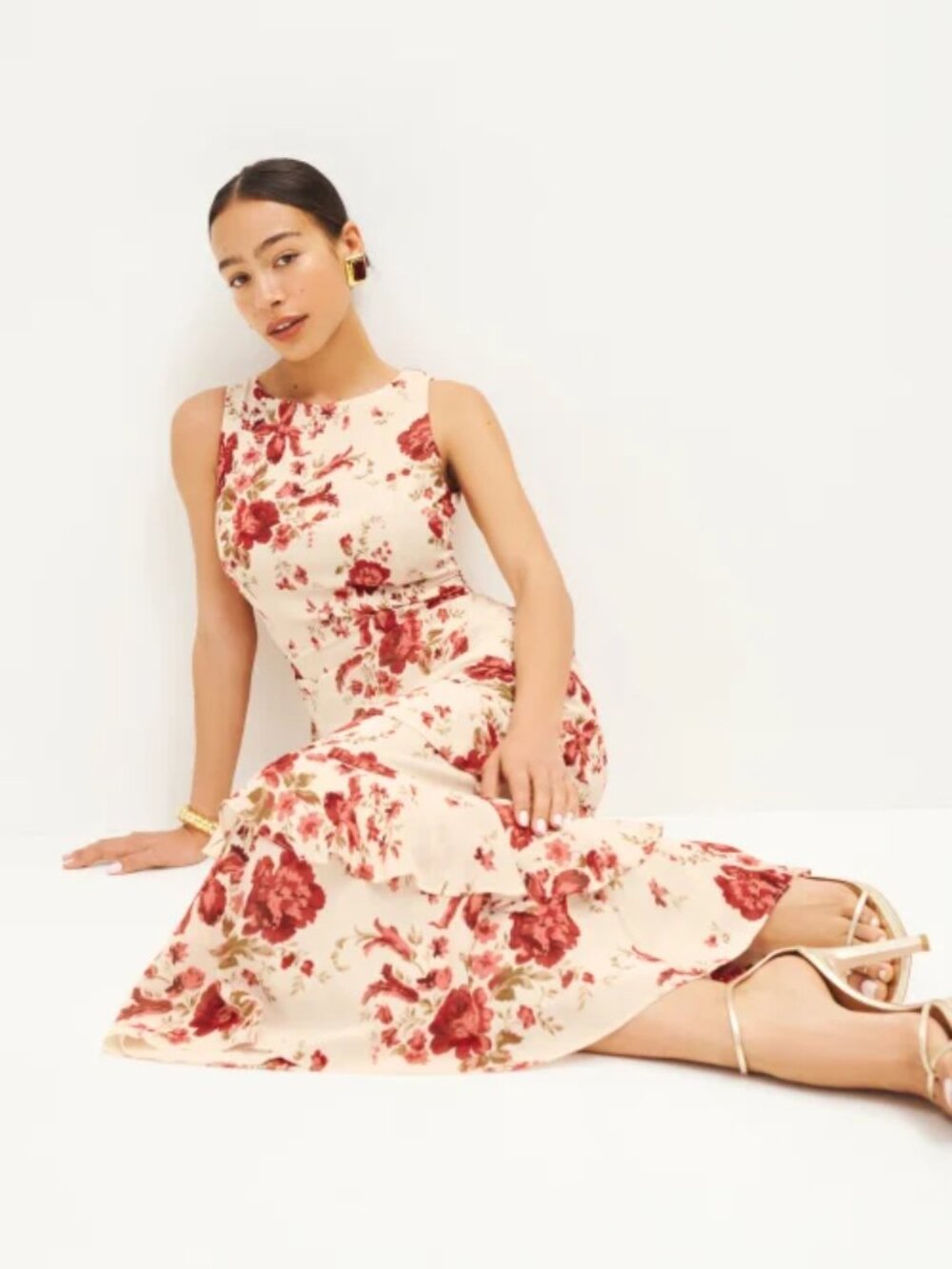 NWT Reformation Magnus Dress in La Belle Red White Floral Midi Sleeveless Size 4